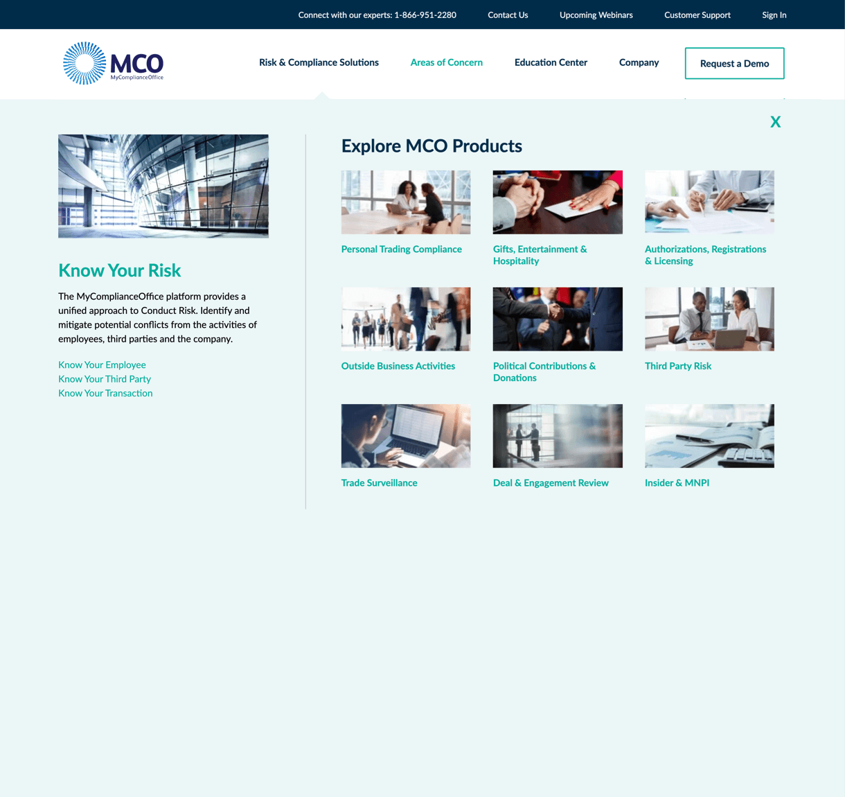 MCO website's screenshot of products section