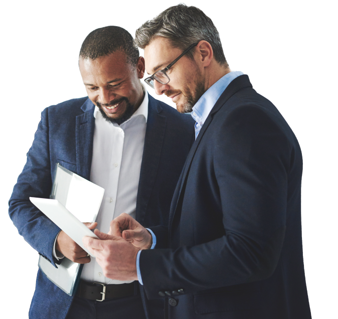 two men looking at a tablet