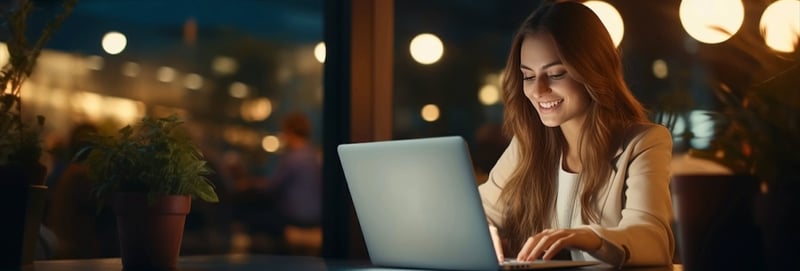 young professional woman working on laptop in the evening