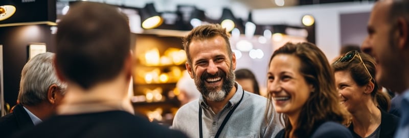 Close up picture of a happy and laughing staff or participant people group listening to a startup business owner at a trade show exhibition event.