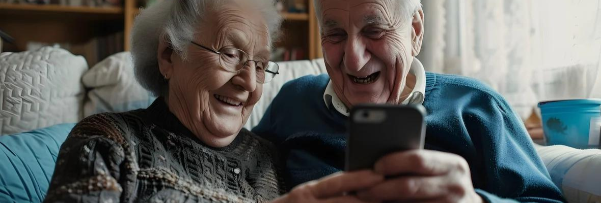 Happy smiling elderly couple read a blog on a cellphone together. 