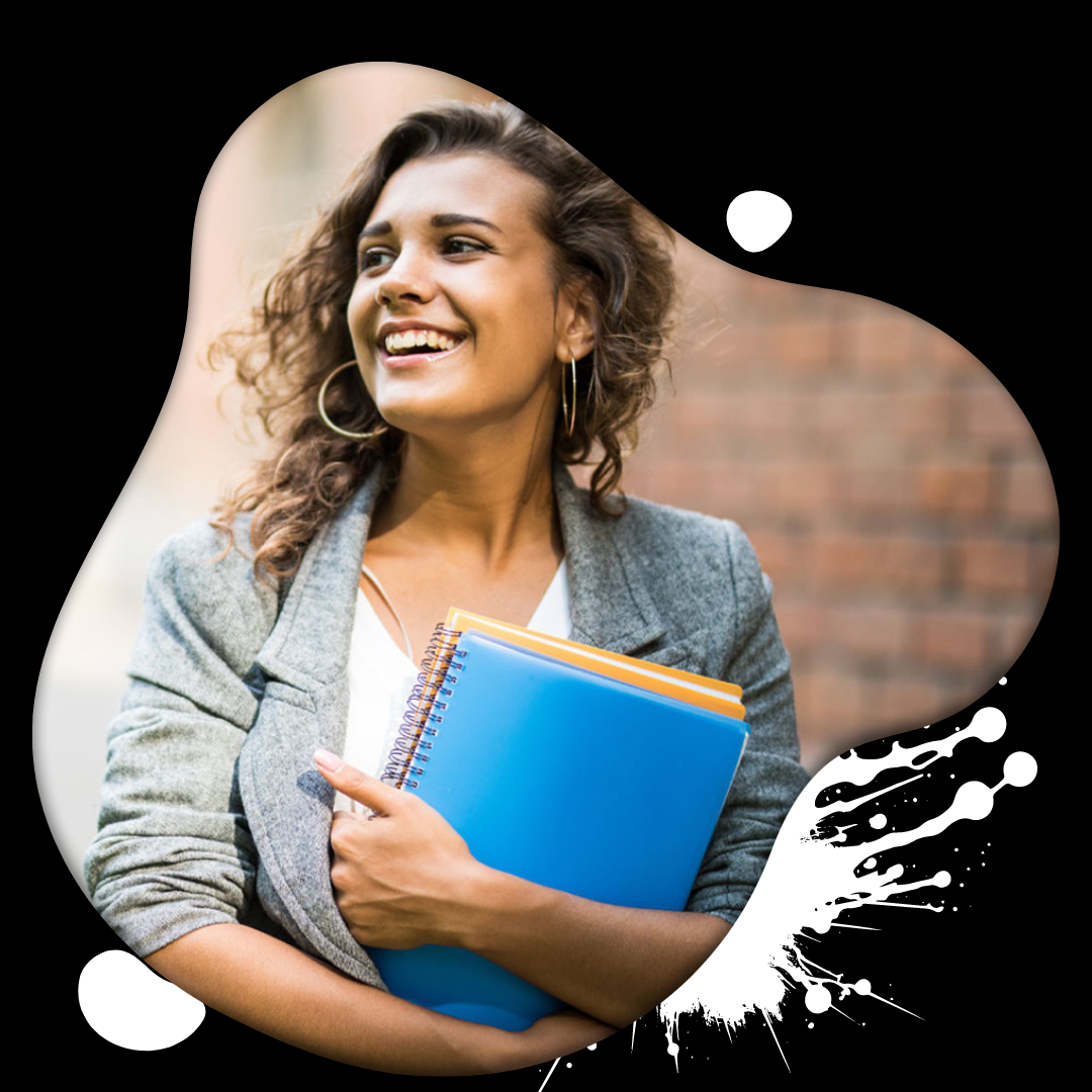 smiling woman holding folders