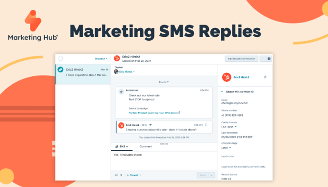 Marketing Hub interface showing a conversation thread of SMS replies between a user and a contact with the text "Marketing SMS Replies"