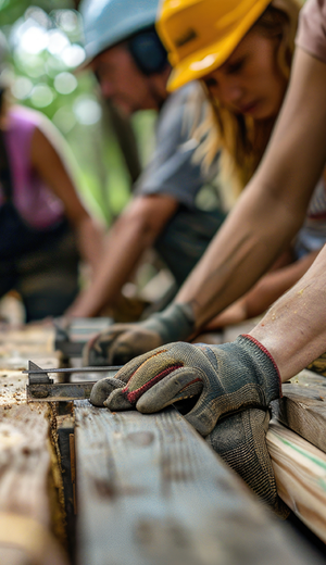 people working together to cut a piece of wood for a house they are building