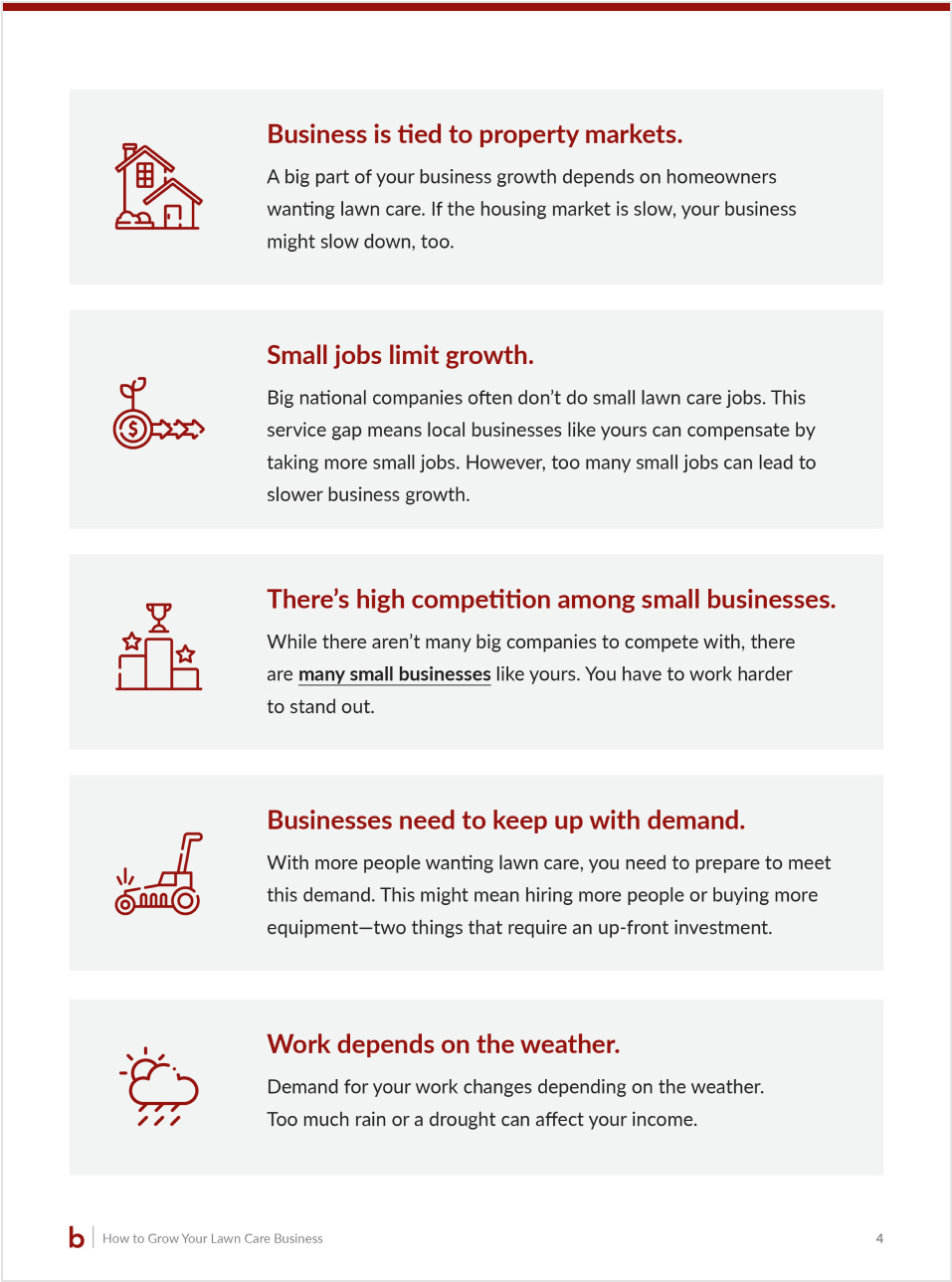 Page outlining lawn care business growth factors, including property market dependence, small job limits, competition, demand, and weather impact on work.