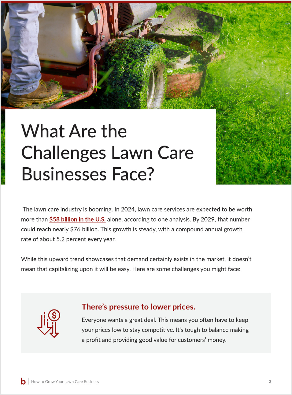 Page discussing challenges for lawn care businesses, highlighting industry growth, expected market value, and pressure to lower prices while staying competitive.