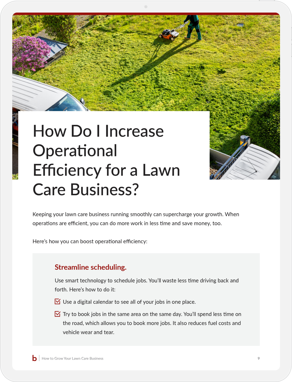 A worker mows a lawn while a van is parked nearby. The page discusses strategies to increase lawn care business efficiency, focusing on streamlining scheduling with technology.