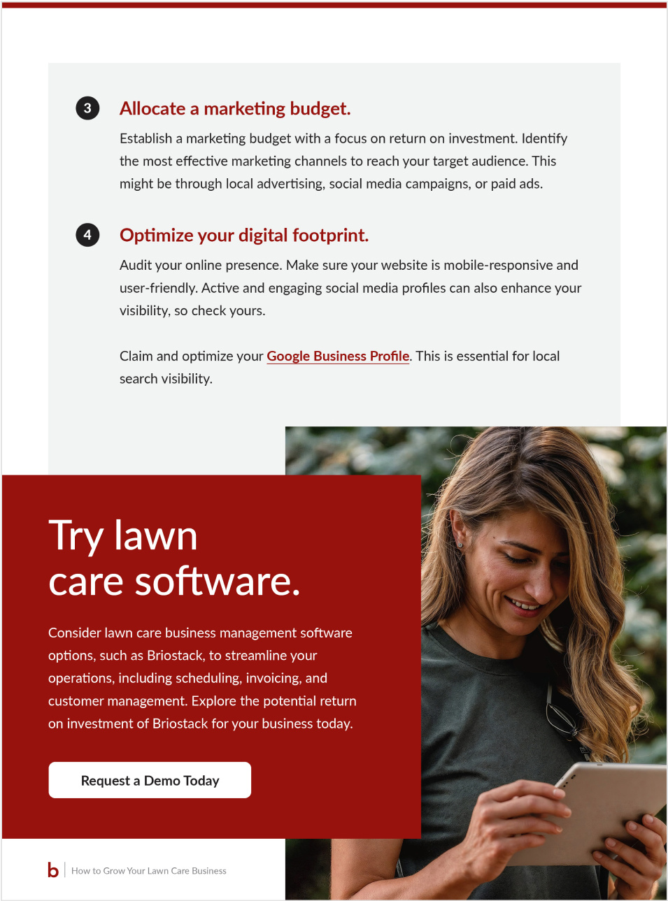 Page offering tips on marketing for lawn care businesses, focusing on budgeting and optimizing digital presence. Includes an ad for Briostack lawn care software demo.