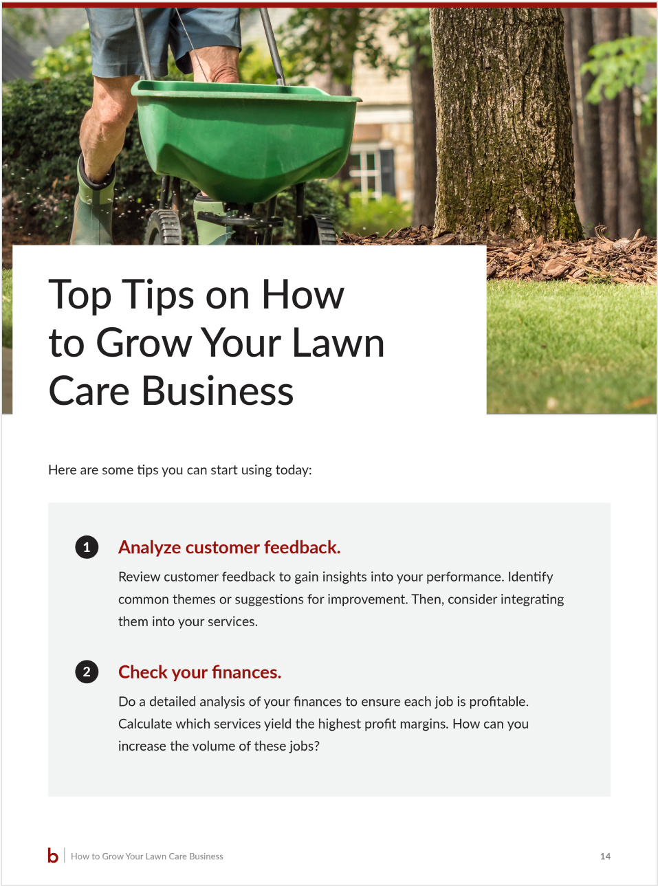 Page offering tips for growing a lawn care business, emphasizing the importance of analyzing customer feedback and reviewing finances to increase profitability.