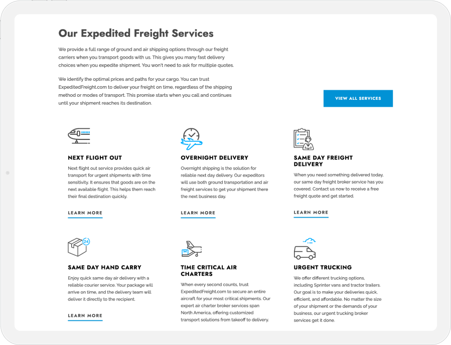 ExpeditedFreight.com on a tablet