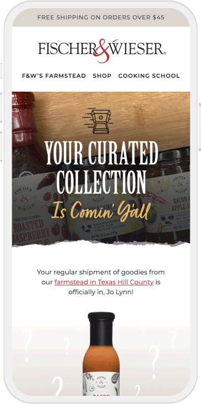 Fischer & Wieser products with text “Your Curated Collection Is Comin’ Y’all”.