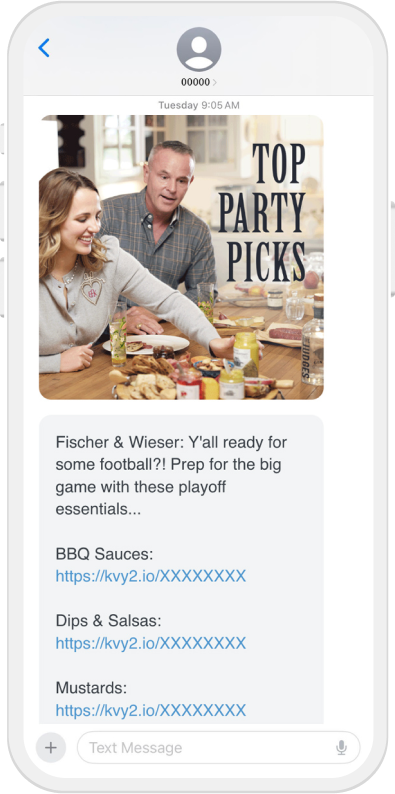 Text message with a couple at a table and “Top Party Picks” text above.