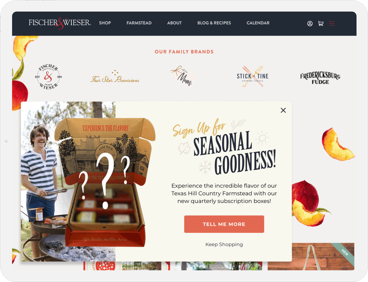 Seasonal subscription box promotion with question marks and Fischer & Wieser logo.