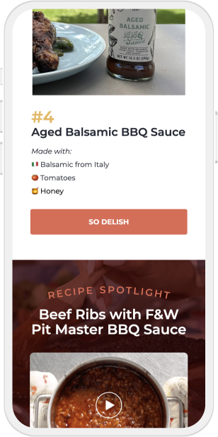 Bottle of BBQ sauce with text “#4 Aged Balsamic BBQ Sauce” and “Beef Ribs” below.