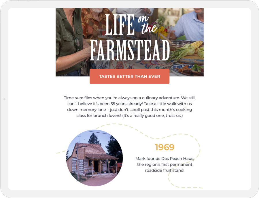 “Life on the Farmstead” text above a scene of people sharing food outside.