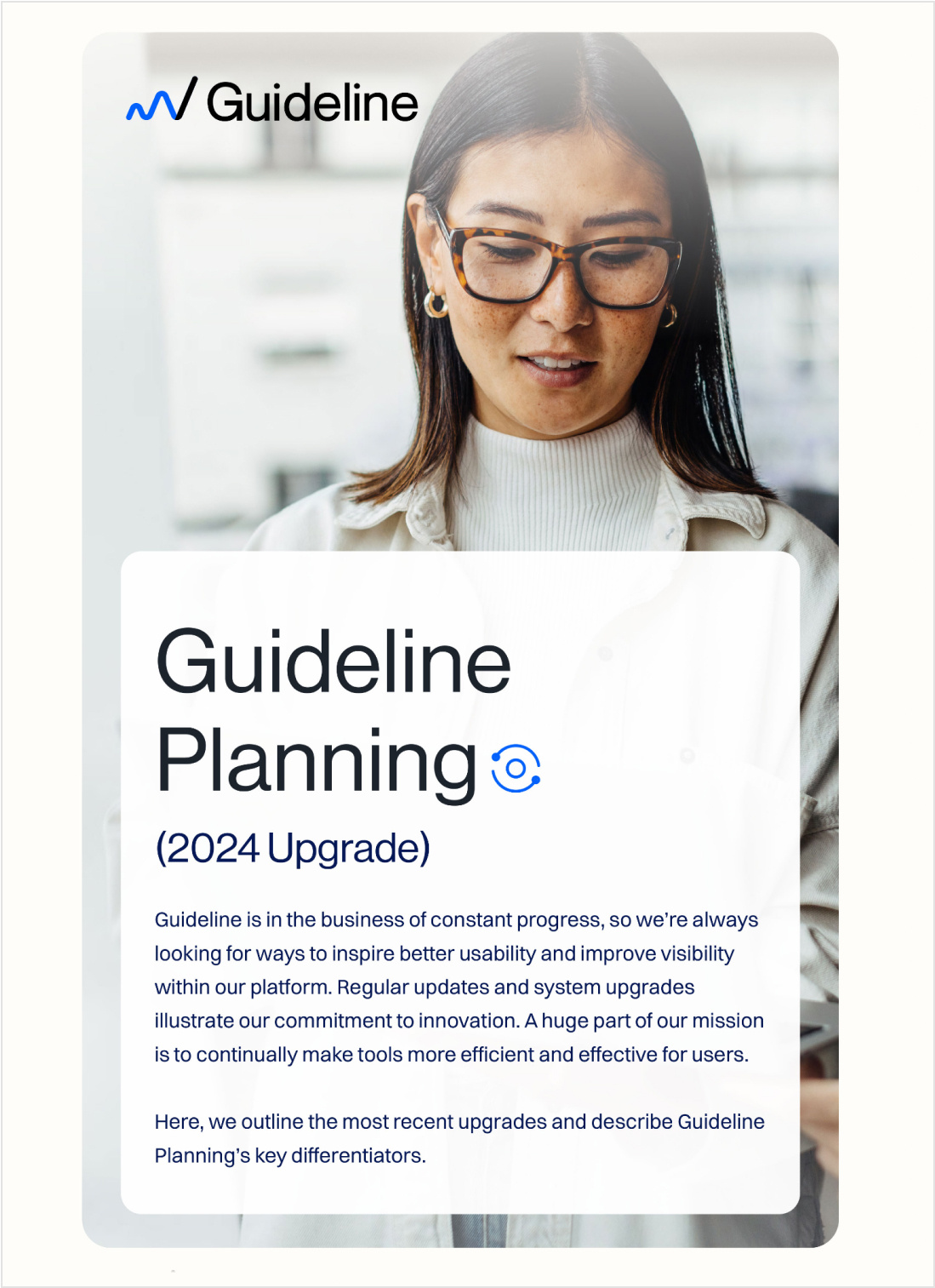 Guideline promotional flyer featuring key benefits of the media planning platform, including structured data management and workflow improvements.