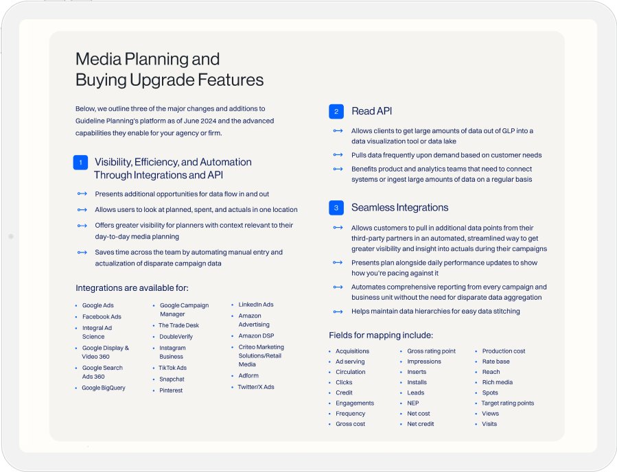 Guideline media planning flyer highlighting expertise in media investment across industries like CPG, Auto, and Pharma