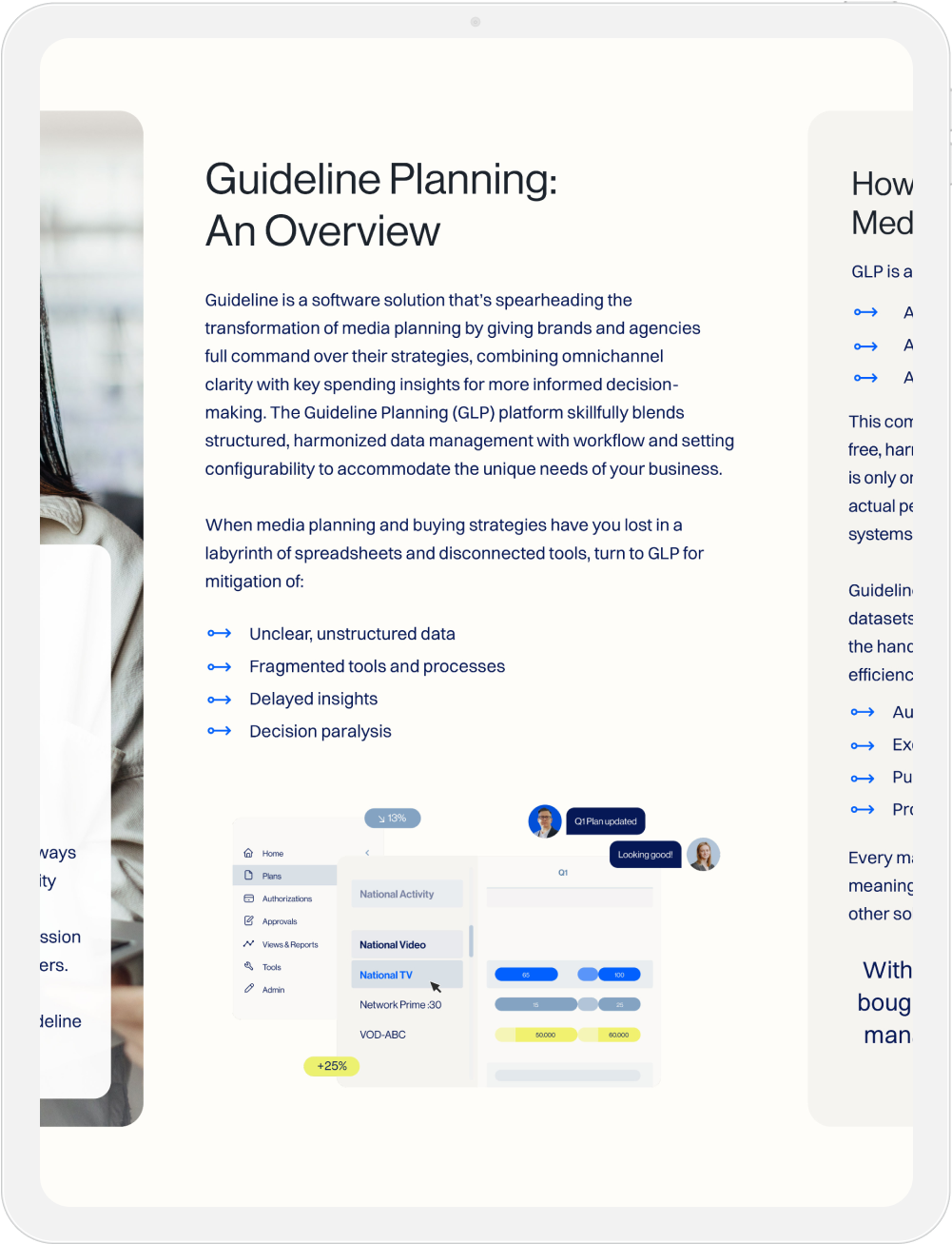 Guideline Planning overview flyer highlighting the platform’s ability to streamline media planning through structured data management, and more