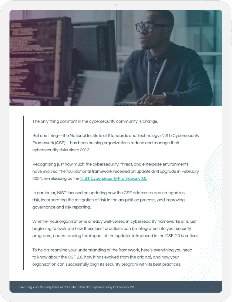 Ebook explanation of the updated NIST CSF 2.0, its evolution, and how it helps organizations manage cybersecurity risks since 2013.