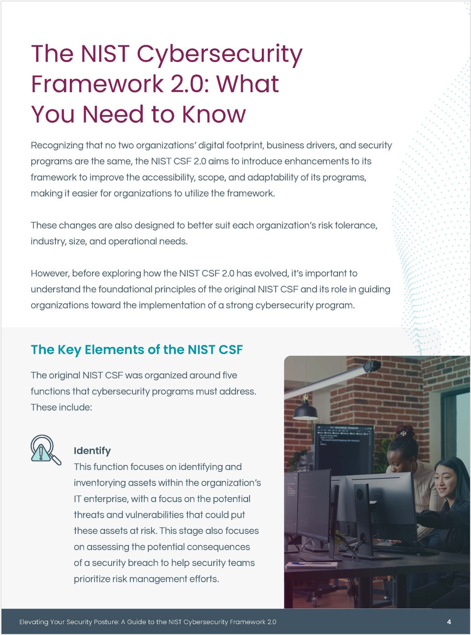 Ebook discussing the NIST Cybersecurity Framework 2.0’s goals to improve accessibility, scope, and adaptability for better organizational security.