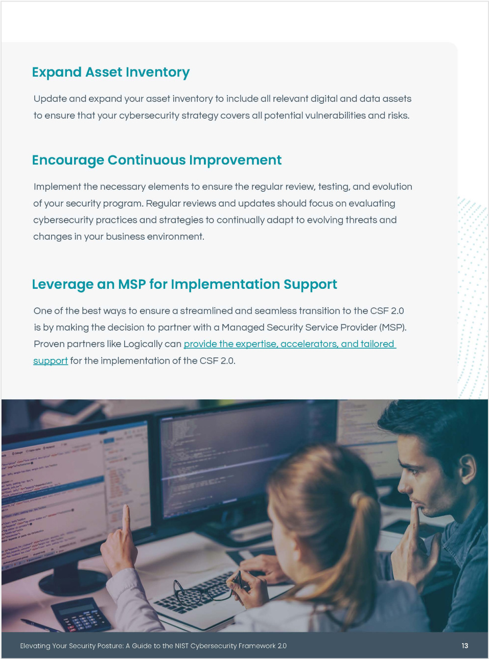 Text detailing the expansion of asset inventory, continuous improvement, and MSP support for implementing the NIST Cybersecurity Framework.