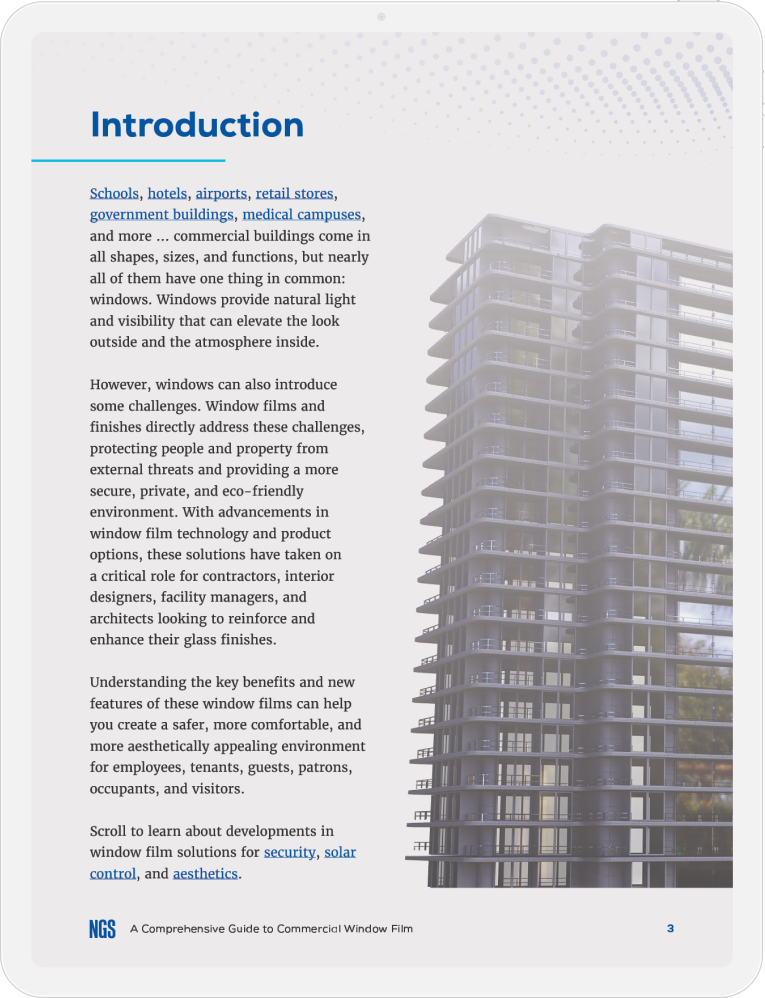 introduction page of NGS guide explaining how window films address challenges in commercial buildings, with links to various industries and benefits.