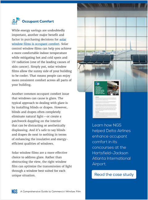 NGS guide page discussing occupant comfort benefits of solar control window films, focusing on temperature regulation and reduced glare in buildings.