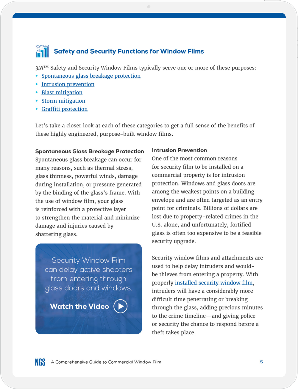 Page from NGS guide on safety and security window films detailing protection against glass breakage, intrusion, blasts, storms, and graffiti.