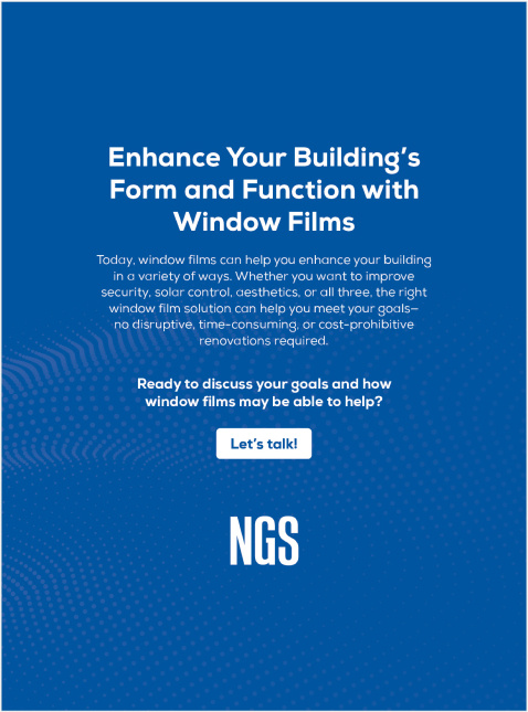 Promo graphic for NGS window film solutions highlighting building enhancement, security, solar control, and aesthetics with a call-to-action button.