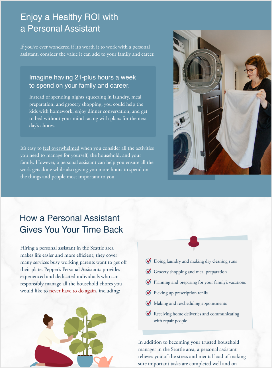 Woman folding laundry next to a stacked washer and dryer, highlighting how a personal assistant can free up time for family and career.