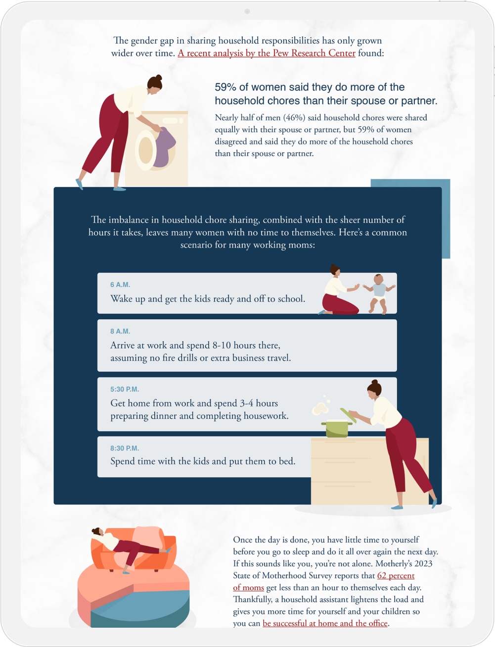 Infographic depicting a busy mother’s daily schedule, emphasizing the gender gap in household chores and the value of a household assistant.