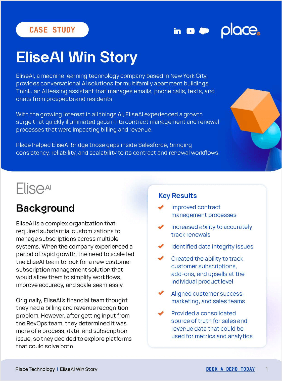 Case study for EliseAI detailing their success using Place’s Salesforce-native solution for improving contract management and renewal processes.