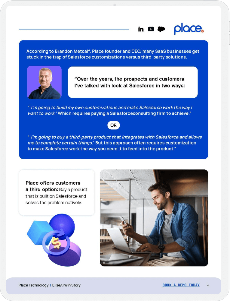 Quote from Brandon Metcalf on the challenges SaaS businesses face with Salesforce customizations, offering Place as a third-party solution.