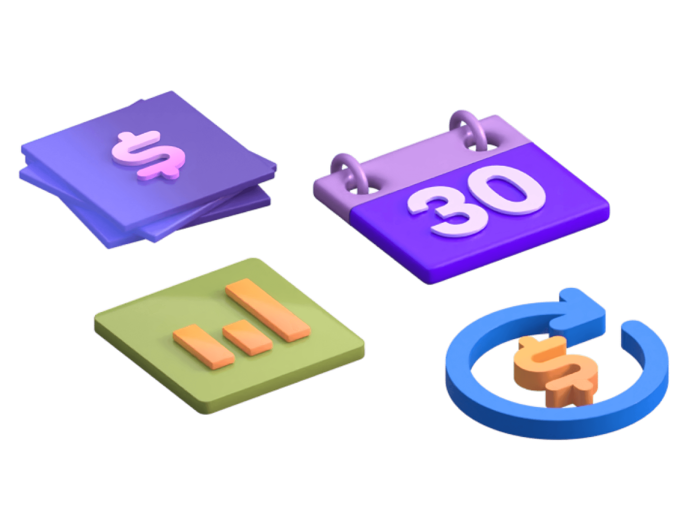 3D icons of a calendar, financial documents, bar chart, and circular arrow with a dollar sign, representing financial and subscription management.