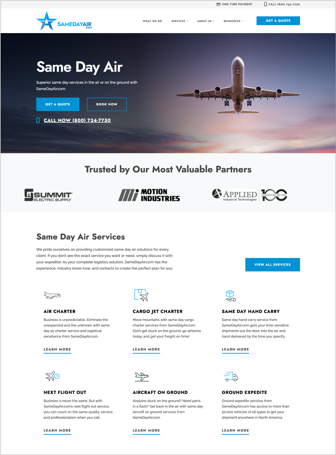 SameDayAir on a desktop view