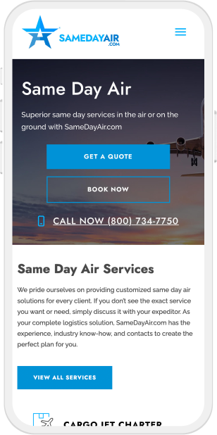 SameDayAir on a mobile view